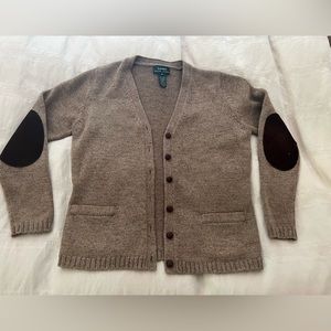 Classic wool cardigan with leather buttons and elbow patches